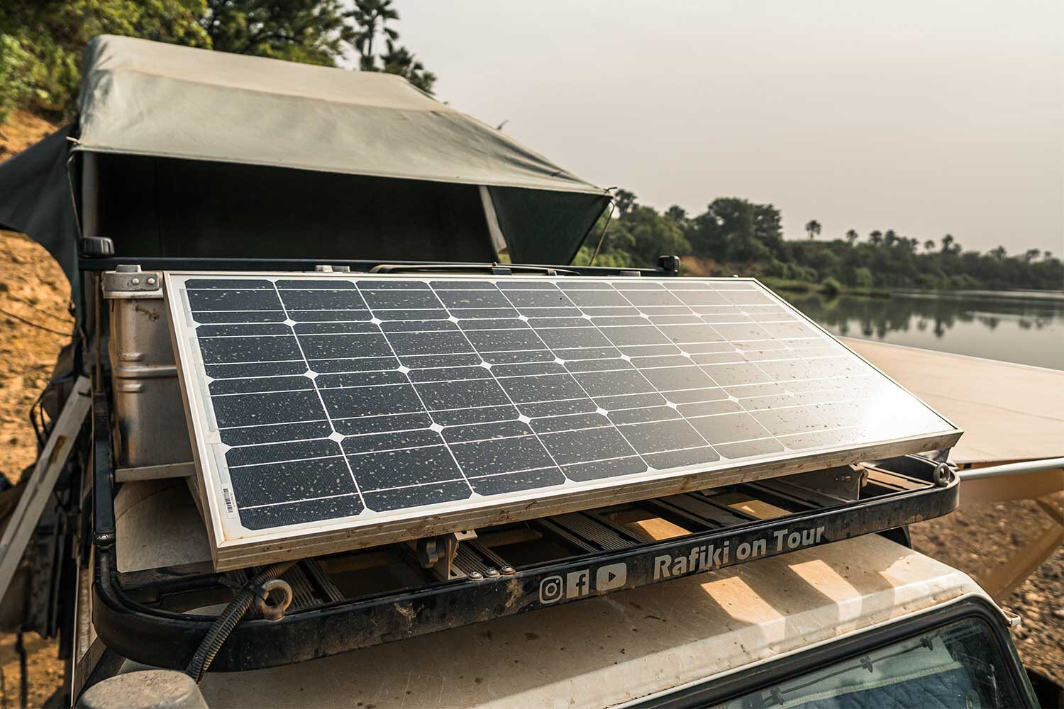 110W solar panel on roof rack Land Rover Defender